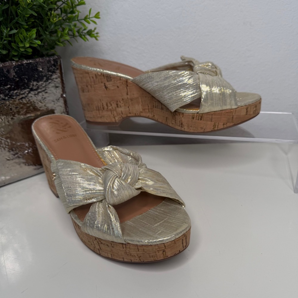 Sam & Libby Wedge Sandals Womens Gold Metallic Knot Bow Cork Platform Glam 8